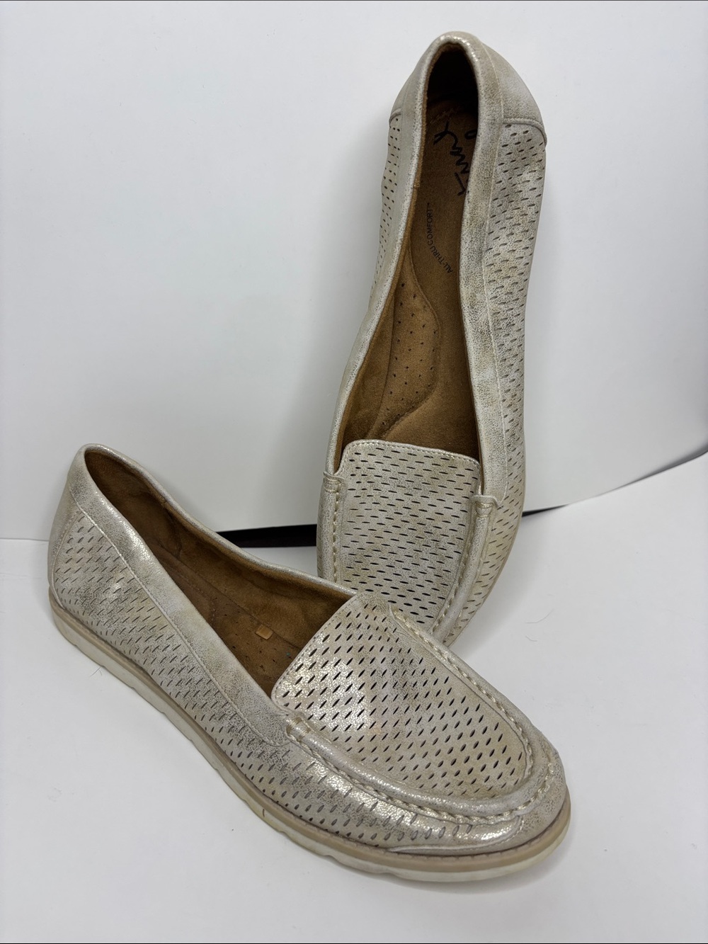 Natural Soul Metallic Cream Perforated Slip-On Loafers